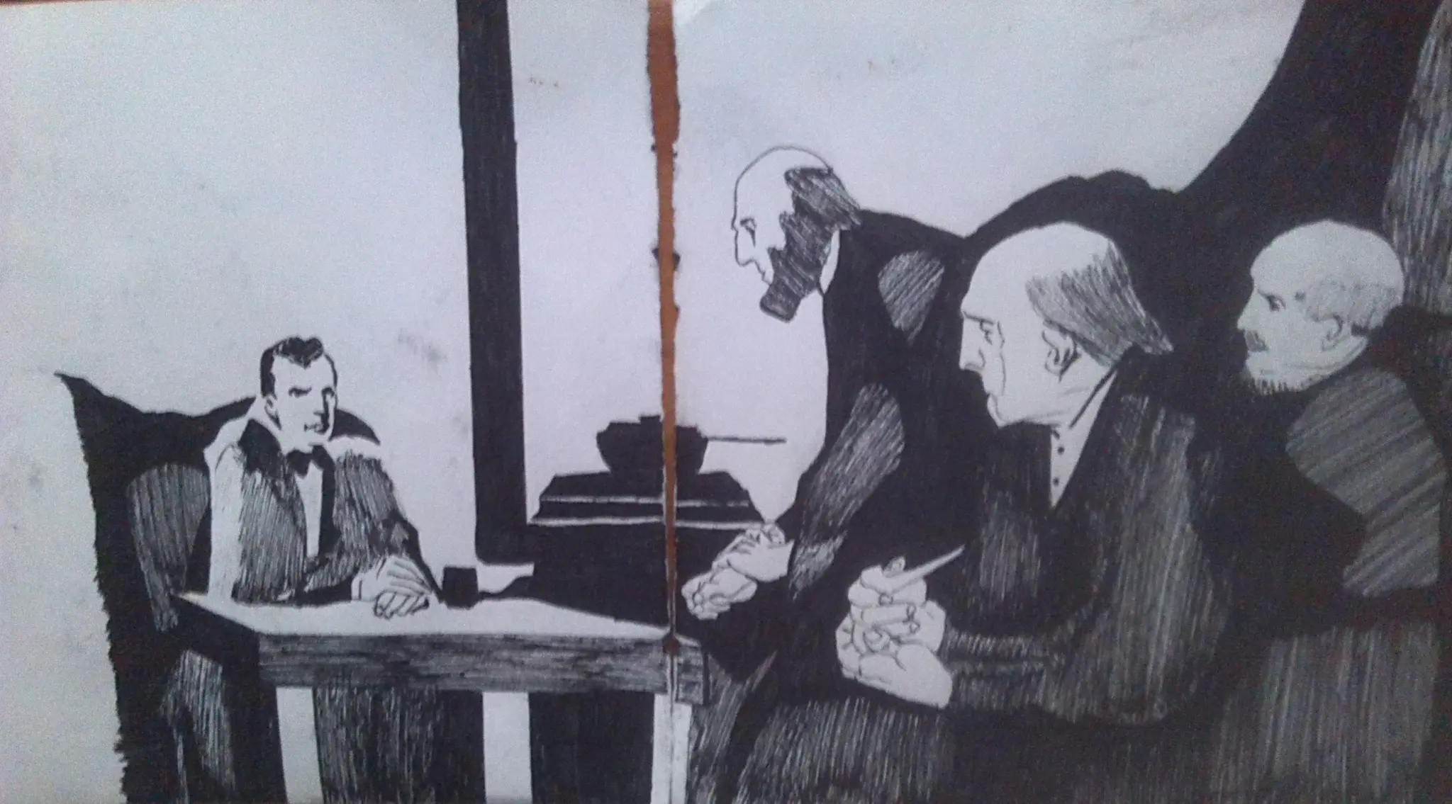 Escena narrativa a tinta que muestra un grupo de hombres conversando alrededor de una mesa en un ambiente oscuro.