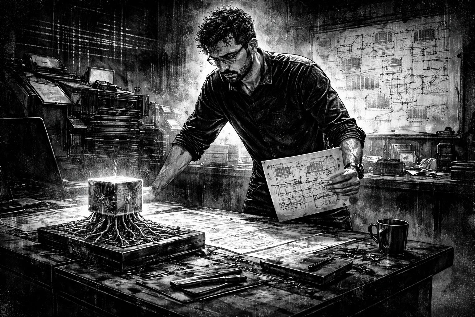 Hombre trabajando en un taller tecnológico con planos y un cubo digital brillante, representando la construcción de sistemas.