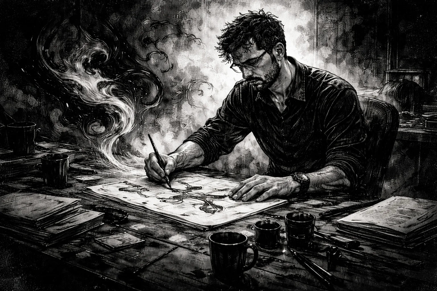 Artista dibujando con tinta y humo creativo alrededor, representando la creación artística y la expresión.