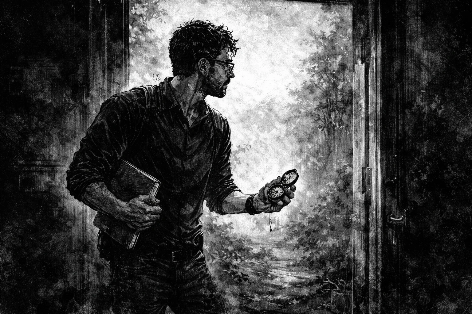 Hombre con brújula mirando hacia un bosque iluminado desde una puerta oscura, simbolizando la búsqueda y exploración.